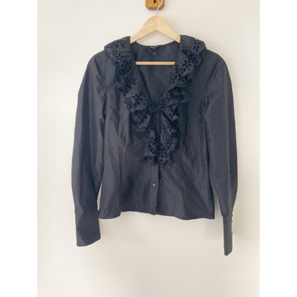 Escada {size 34} 100% Silk Eyelet Ruffle Blouse Top Black